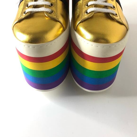 Gucci Peggy Rainbow Stripe Metallic Gold Platform Sneakers 39 - Picture 6 of 12